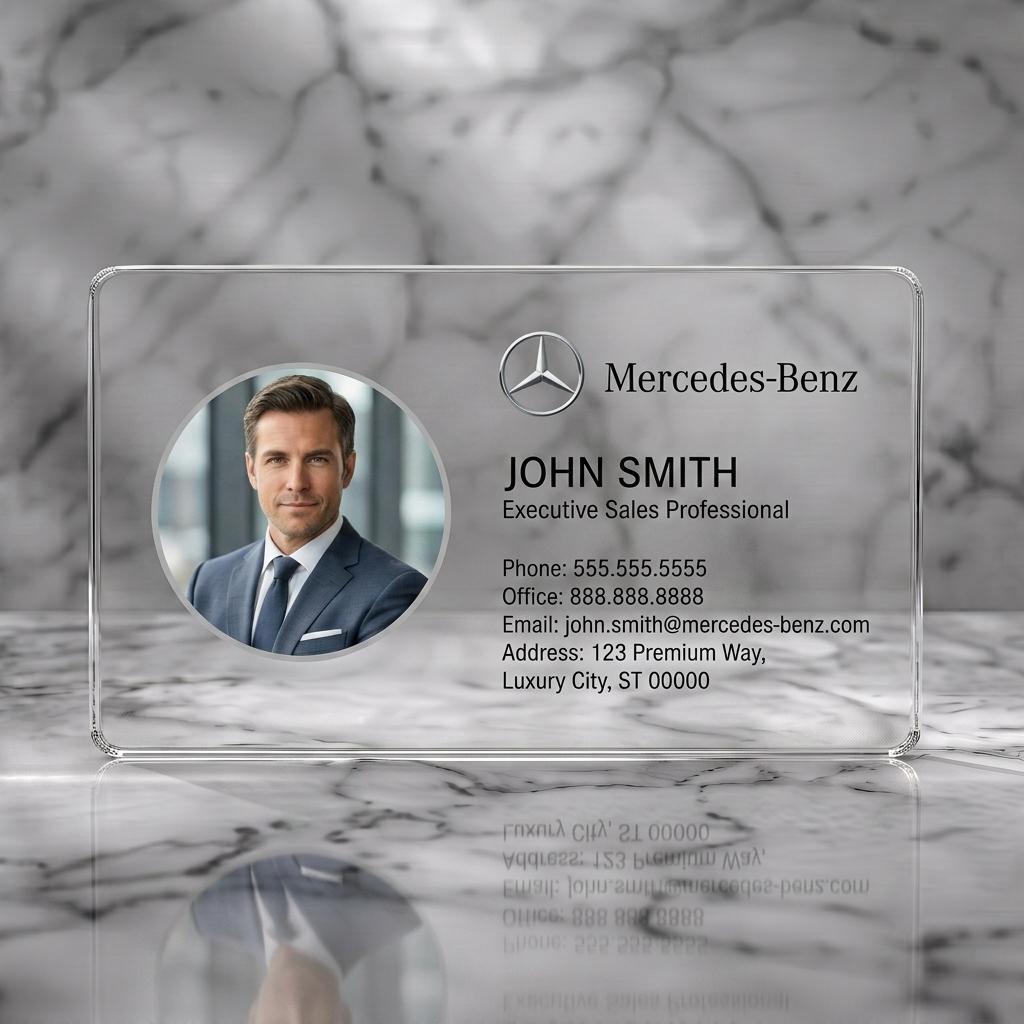 Clear plastic business card featuring a professional, modern design featuring a circular profile image, prominent Mercedes-Benz logo, and clean sans-serif typography