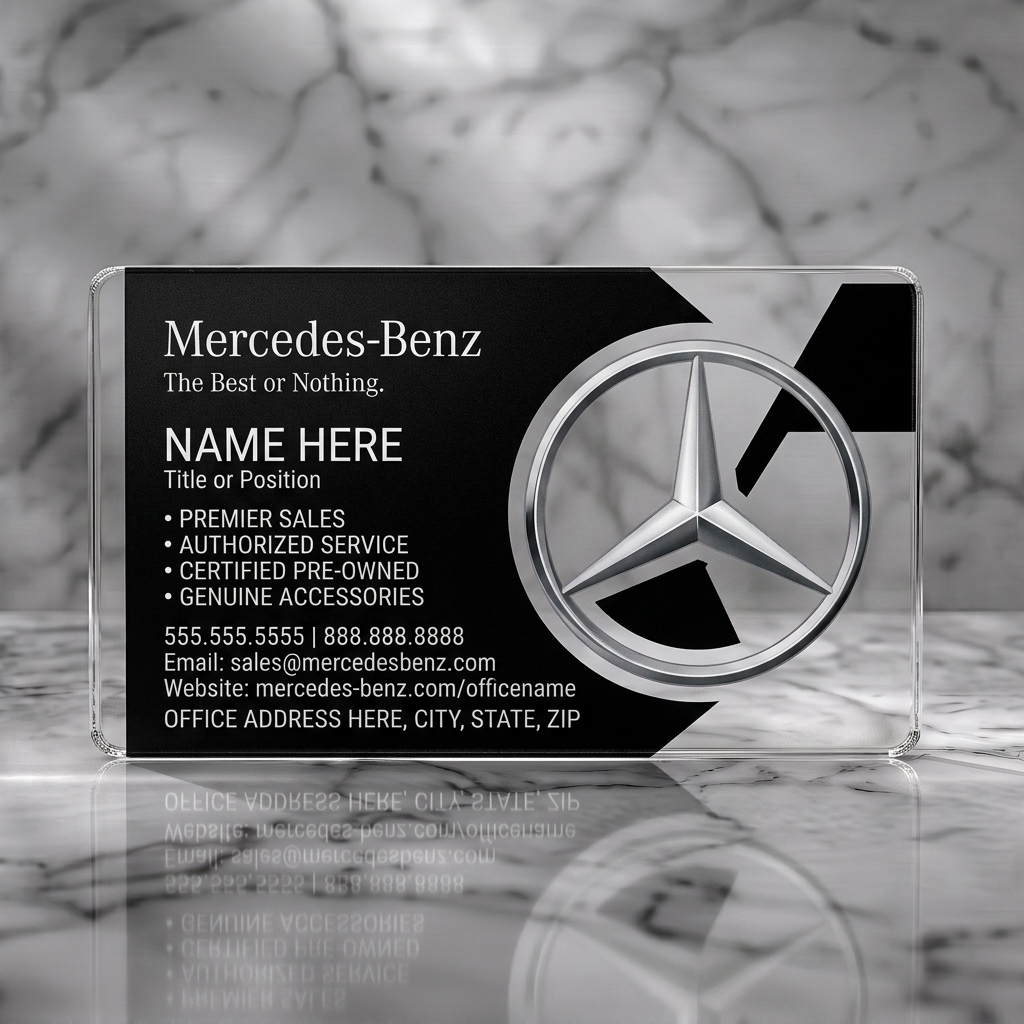 Clear plastic business card featuring sleek black design, elegant serif and modern sans-serif fonts, prominent silver Mercedes-Benz logo