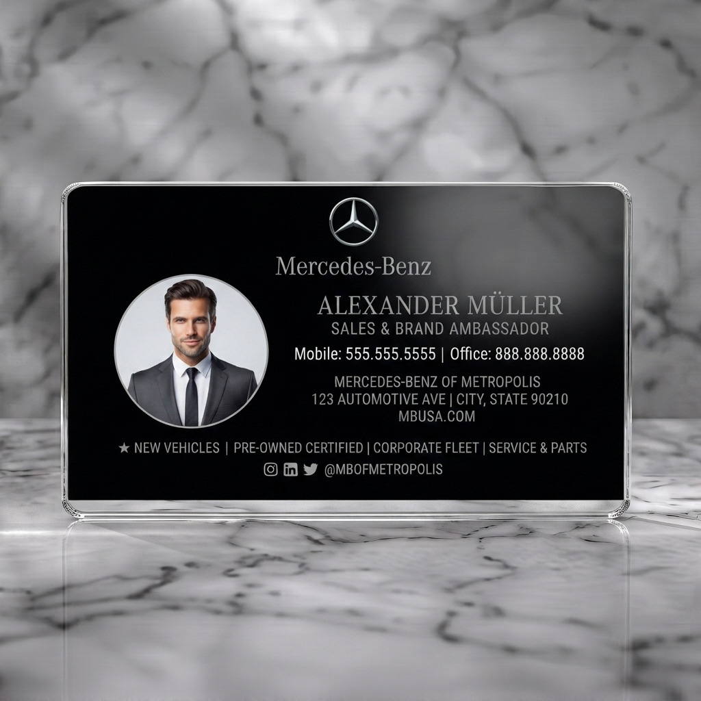 Clear plastic business card featuring a sleek black and silver design with Mercedes-Benz branding, elegant typography, and social media icons