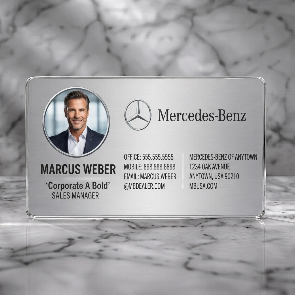Clear plastic business card featuring sophisticated brushed metallic finish, iconic Mercedes-Benz logo, and clean typography with photo