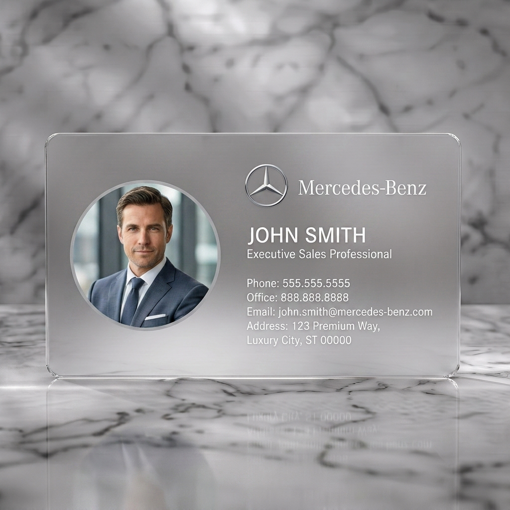 Frosted translucent plastic business card featuring a professional, modern design featuring a circular profile image, prominent Mercedes-Benz logo, and clean sans-serif typography