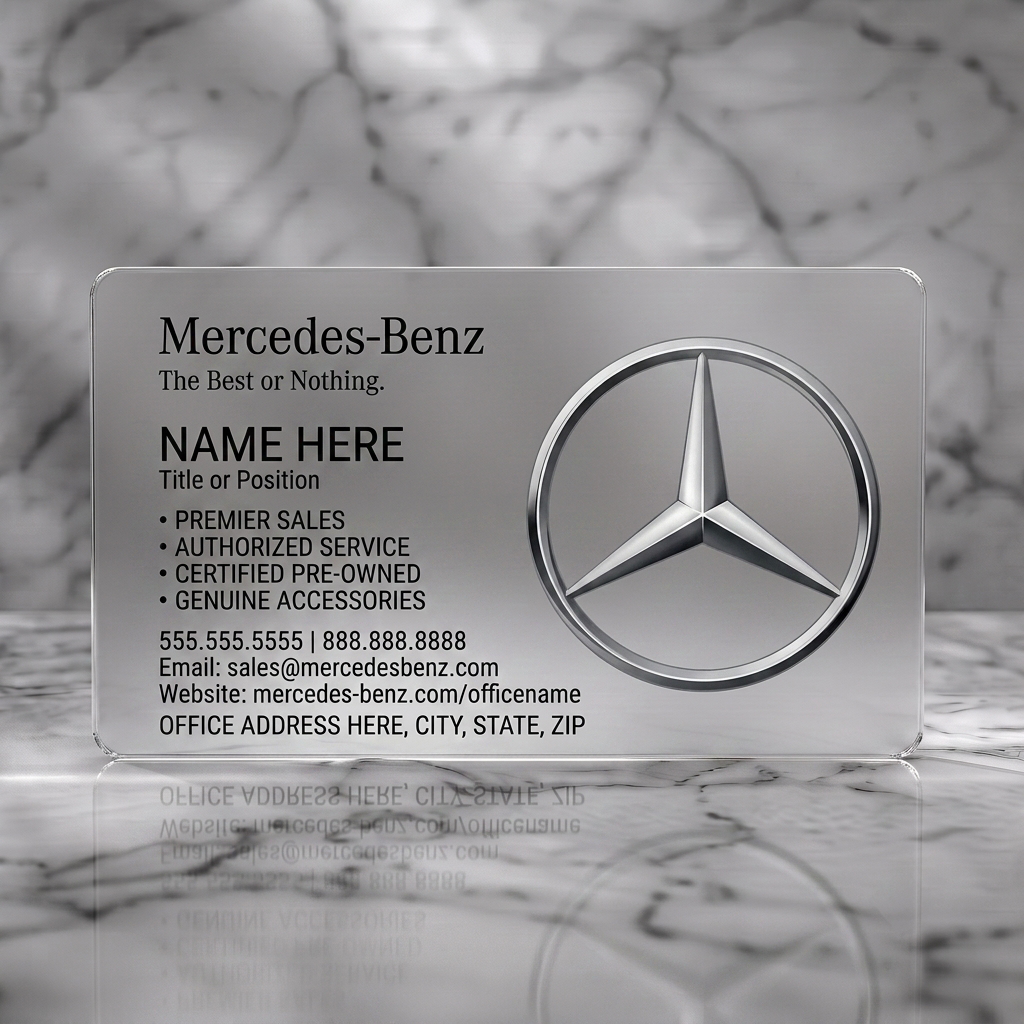 Frosted translucent plastic business card featuring sleek black design, elegant serif and modern sans-serif fonts, prominent silver Mercedes-Benz logo