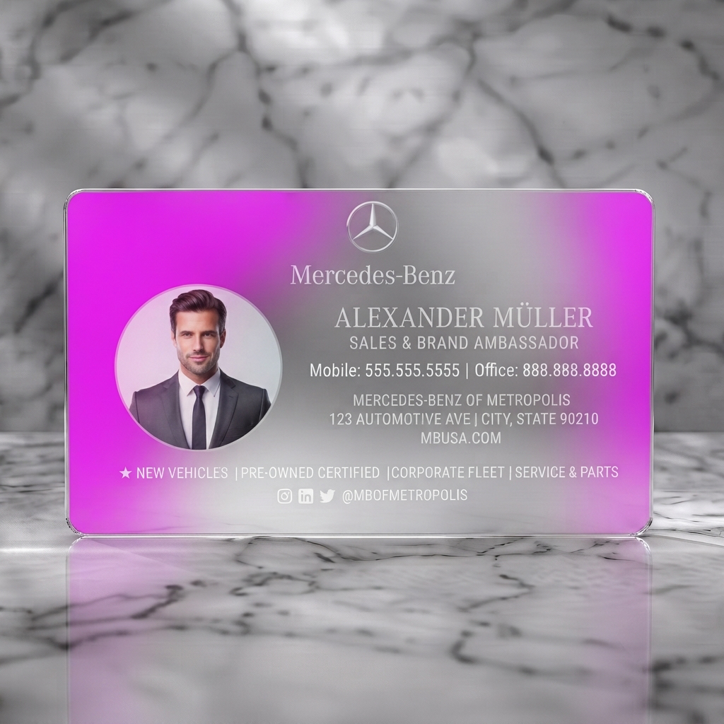 Frosted translucent plastic business card featuring a sleek black and silver design with Mercedes-Benz branding, elegant typography, and social media icons