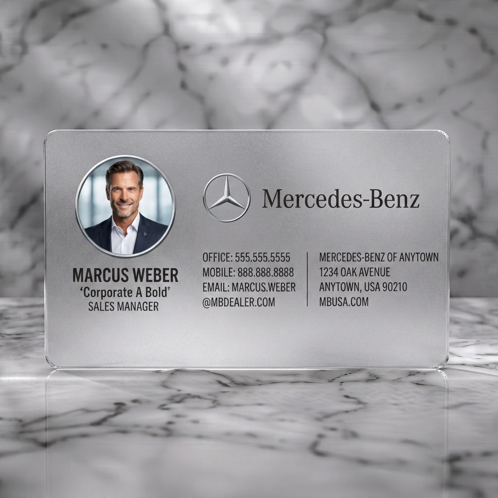 Frosted translucent plastic business card featuring sophisticated brushed metallic finish, iconic Mercedes-Benz logo, and clean typography with photo