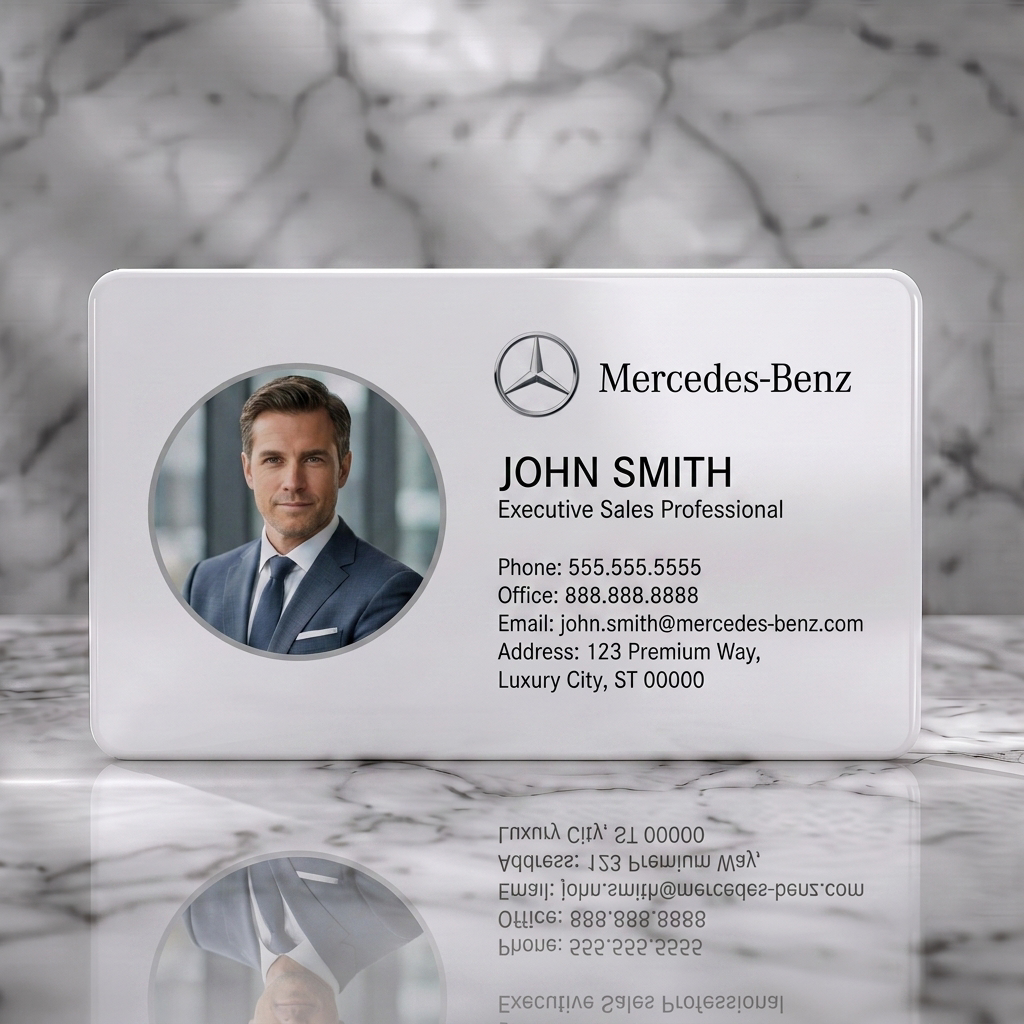 Solid white PVC business card featuring a professional, modern design featuring a circular profile image, prominent Mercedes-Benz logo, and clean sans-serif typography