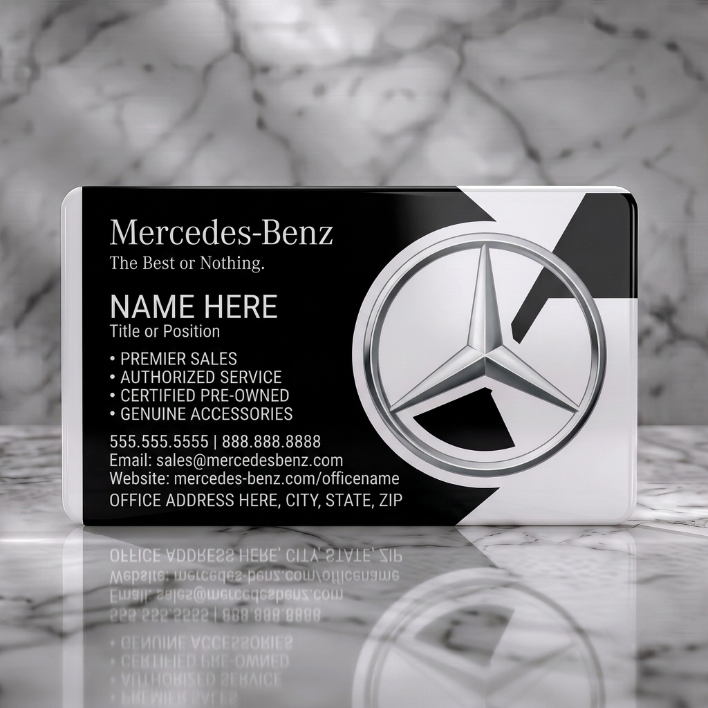 Solid white PVC business card featuring sleek black design, elegant serif and modern sans-serif fonts, prominent silver Mercedes-Benz logo