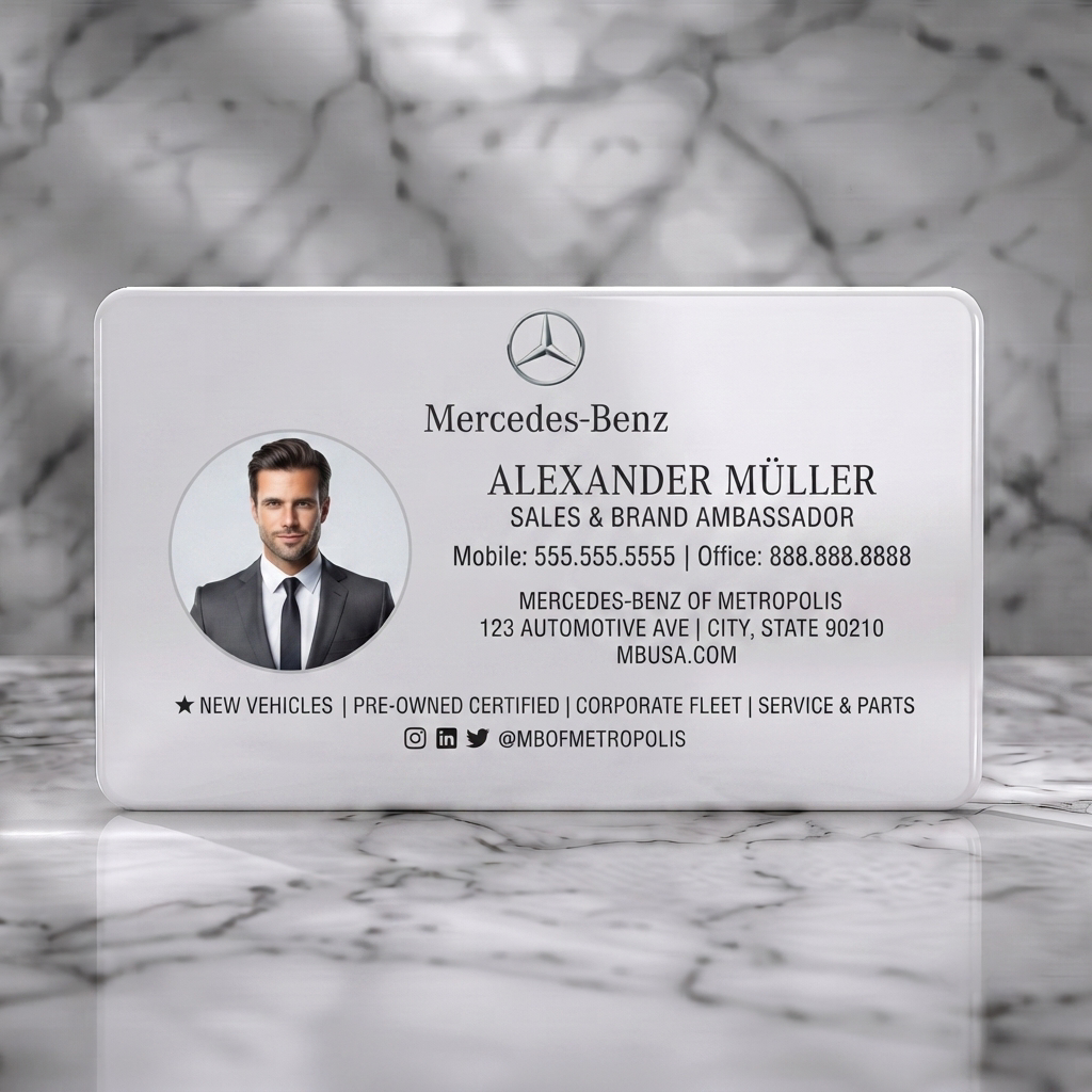 Solid white PVC business card featuring a sleek black and silver design with Mercedes-Benz branding, elegant typography, and social media icons