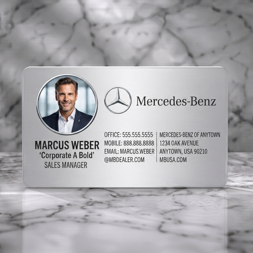 Solid white PVC business card featuring sophisticated brushed metallic finish, iconic Mercedes-Benz logo, and clean typography with photo