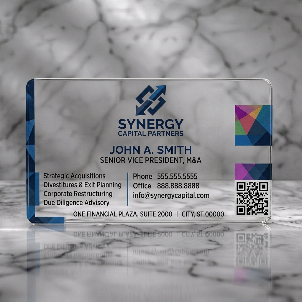 Clear plastic business card featuring modern geometric design with blue/teal accents, sans-serif typography, a stylized arrow logo, and QR code