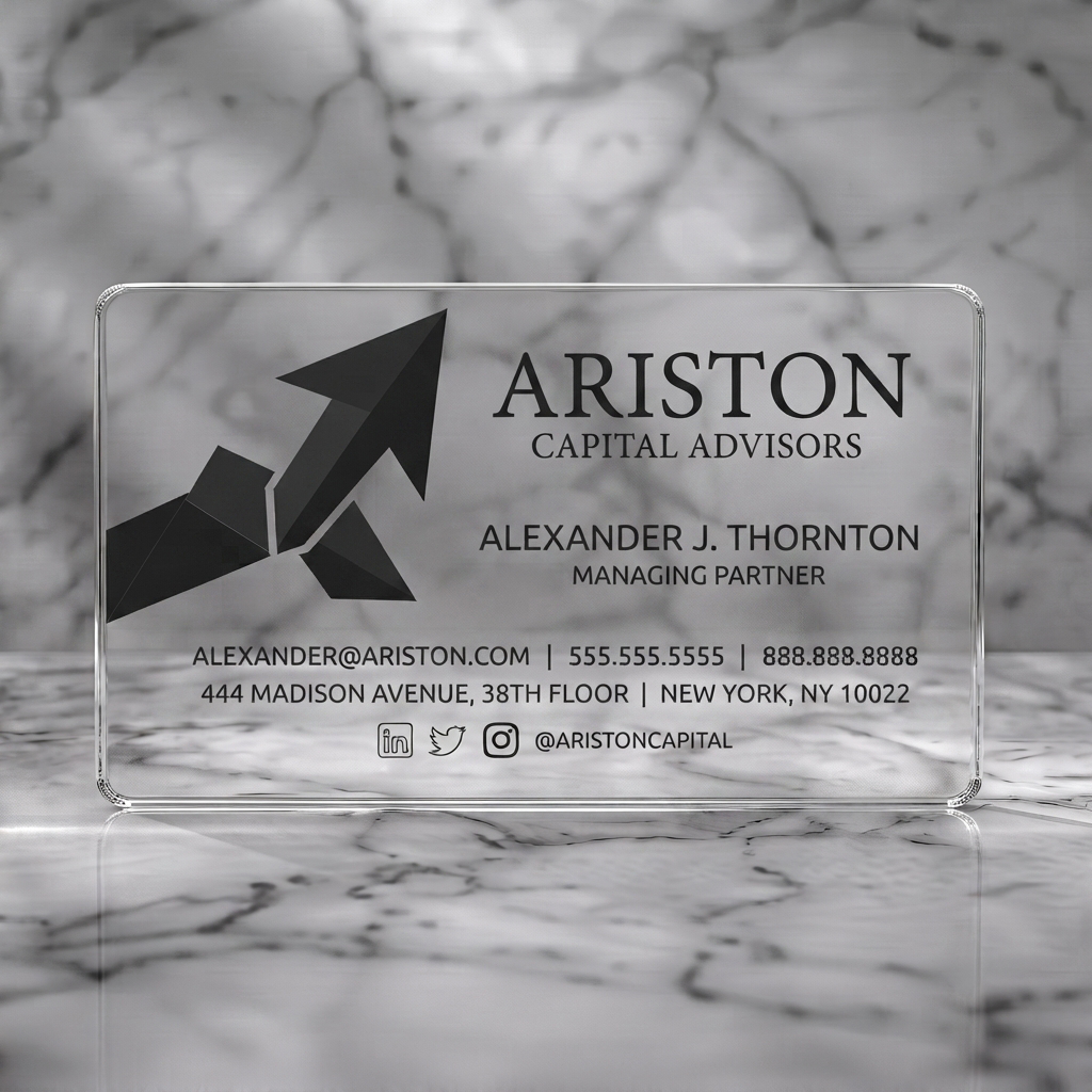 Clear plastic business card featuring modern geometric upward-arrow logo, professional black typography, and social media icons