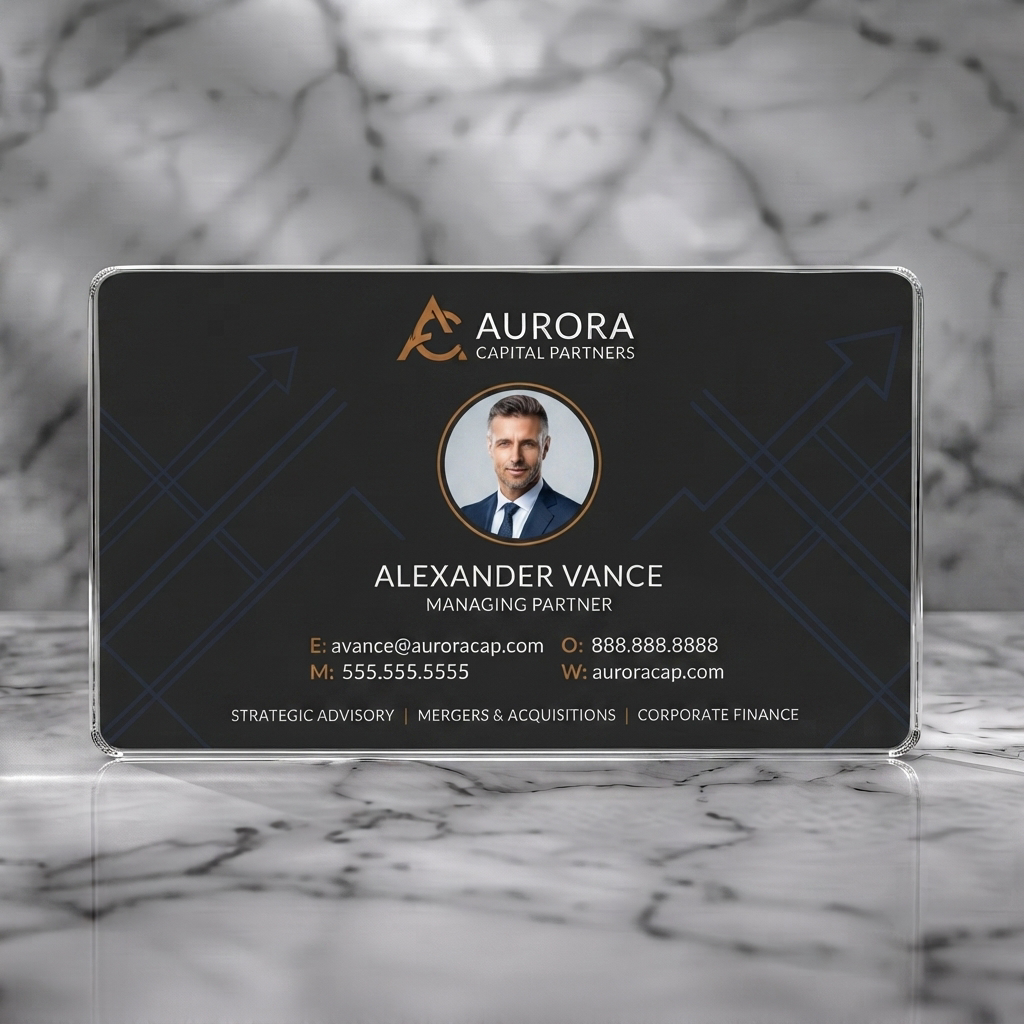 Clear plastic business card featuring modern dark gray, white, and gold design with ascending arrows, sans-serif fonts, circular profile