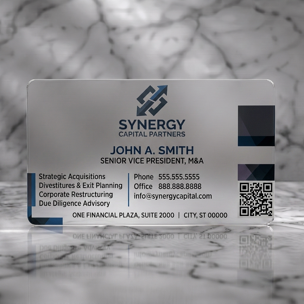 Frosted translucent plastic business card featuring modern geometric design with blue/teal accents, sans-serif typography, a stylized arrow logo, and QR code