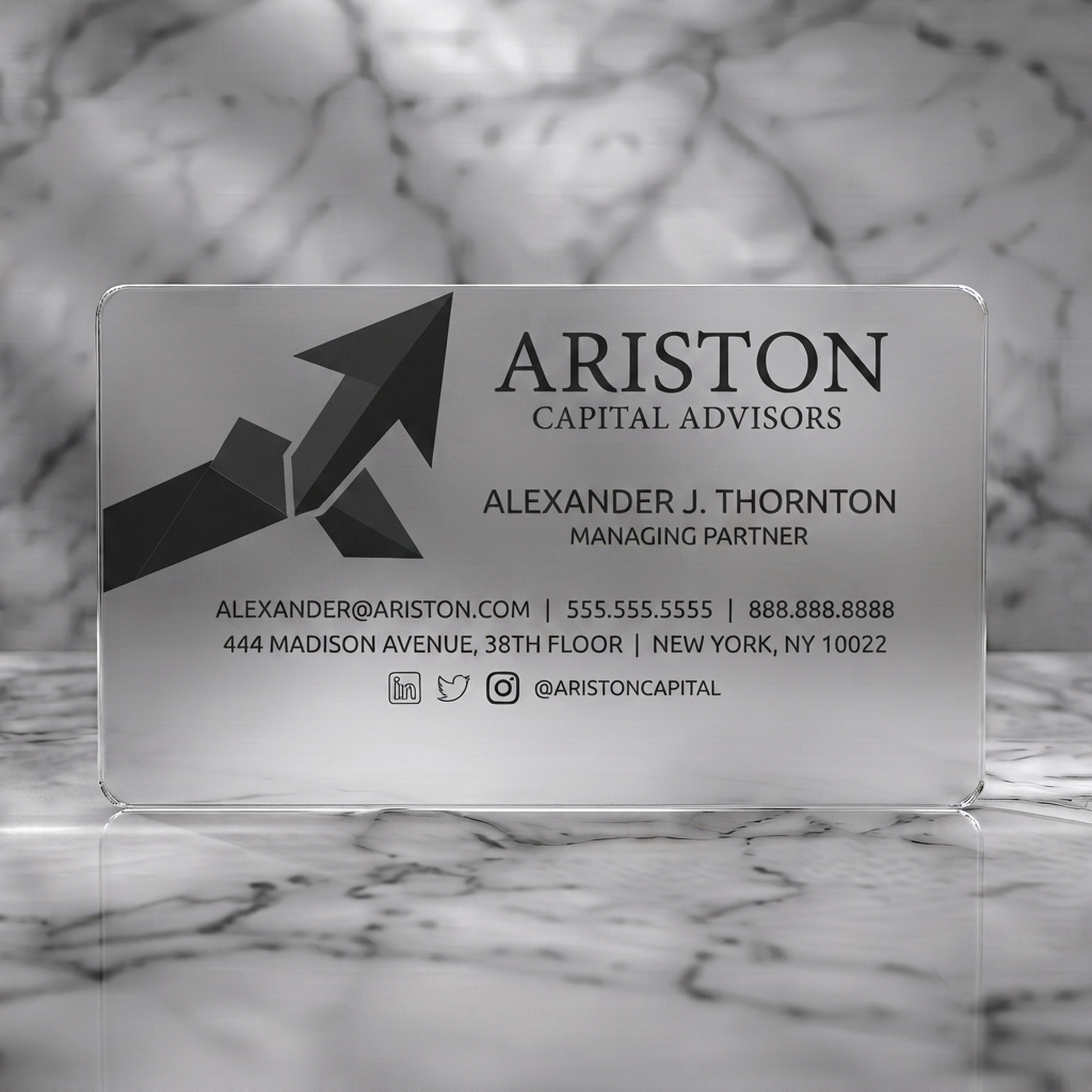 Frosted translucent plastic business card featuring modern geometric upward-arrow logo, professional black typography, and social media icons
