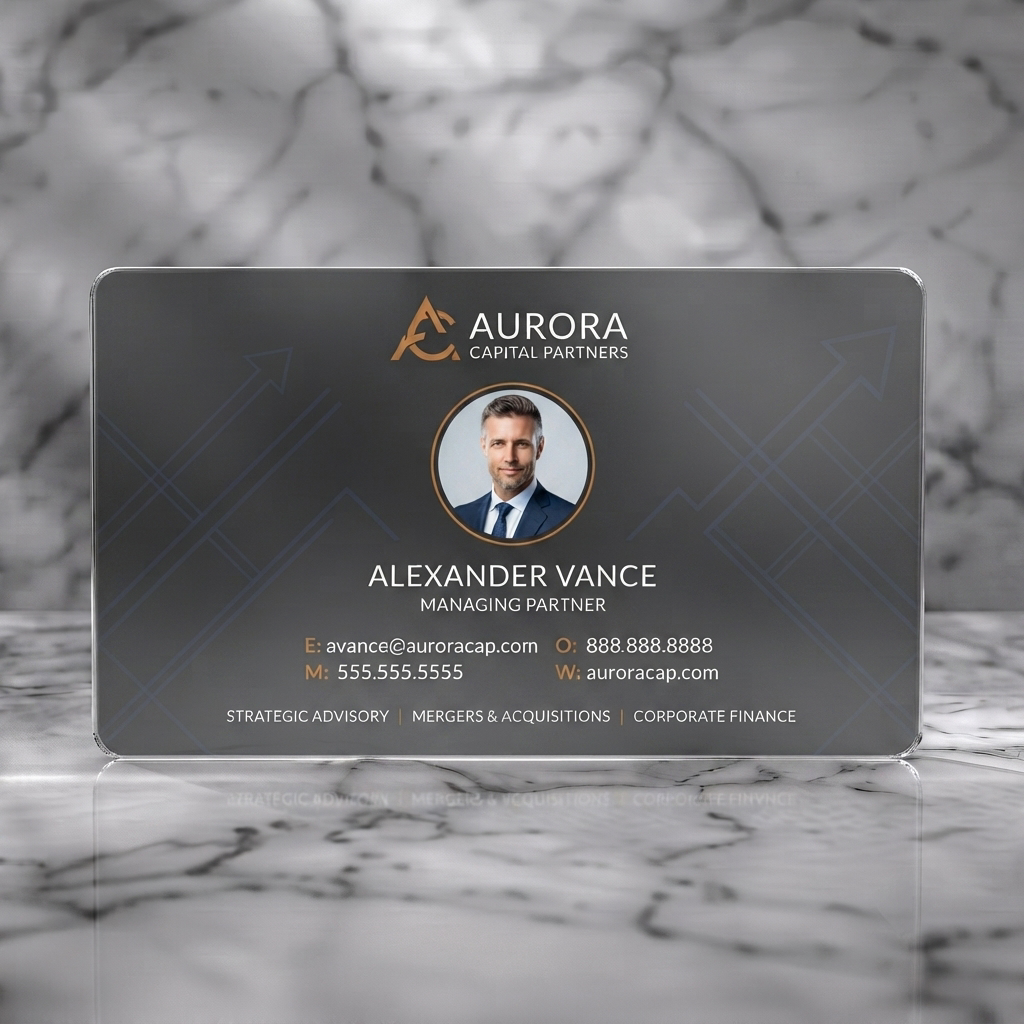 Frosted translucent plastic business card featuring modern dark gray, white, and gold design with ascending arrows, sans-serif fonts, circular profile