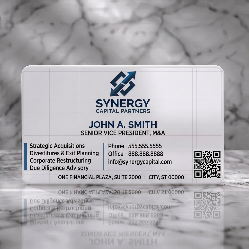 Solid white PVC business card featuring modern geometric design with blue/teal accents, sans-serif typography, a stylized arrow logo, and QR code