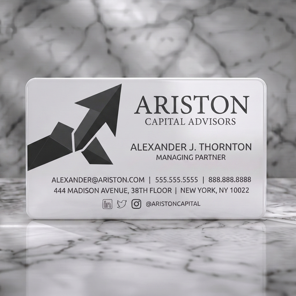 Solid white PVC business card featuring modern geometric upward-arrow logo, professional black typography, and social media icons