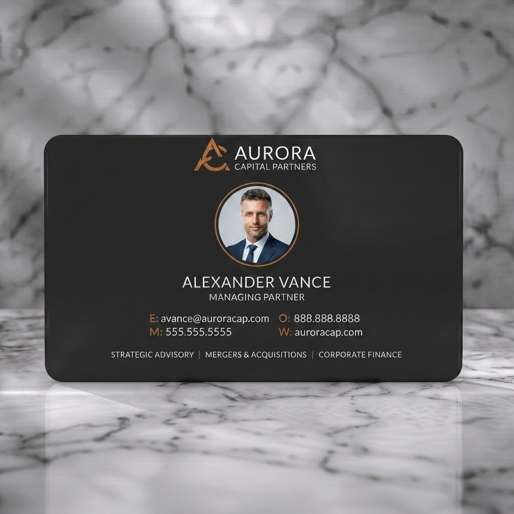 Solid white PVC business card featuring modern dark gray, white, and gold design with ascending arrows, sans-serif fonts, circular profile