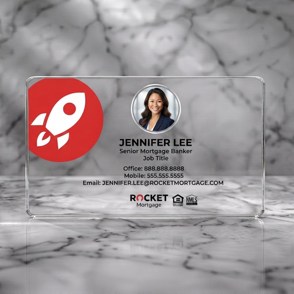 Clear plastic business card featuring modern design, rocket logo, professional photo, clean sans-serif typography, red and white branding