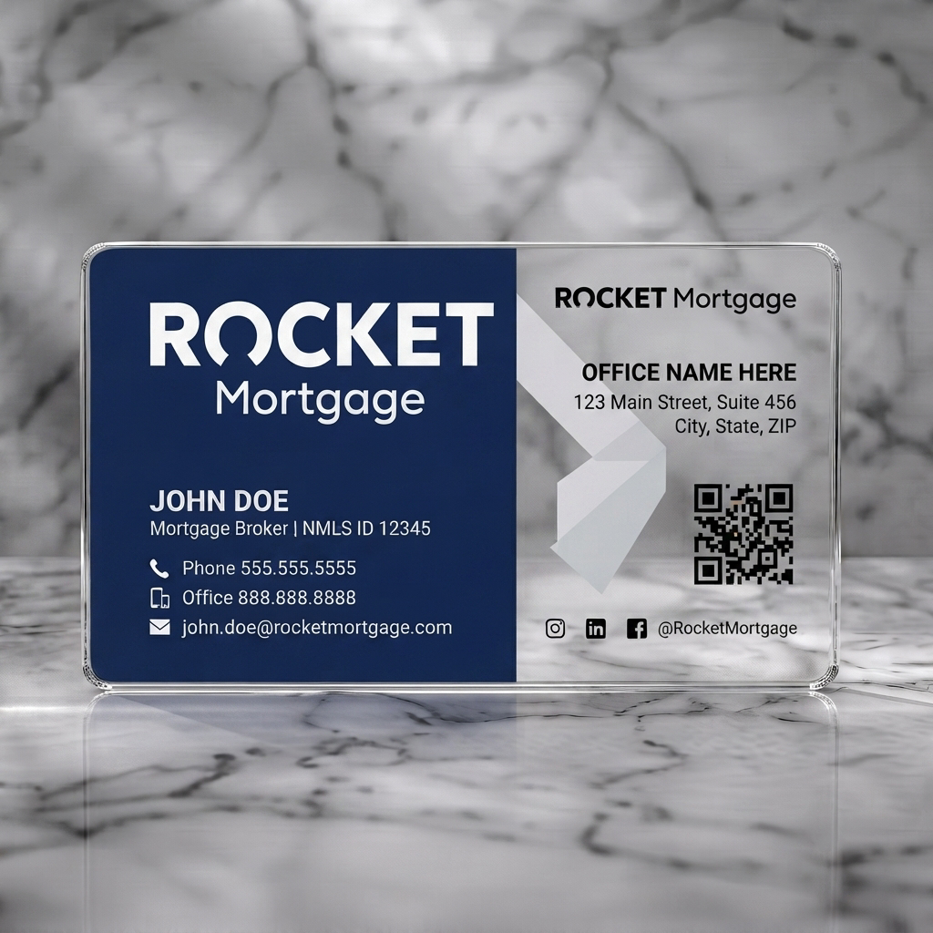 Clear plastic business card featuring modern two-tone navy and white design with clean sans-serif typography, rocket icon, and social icons