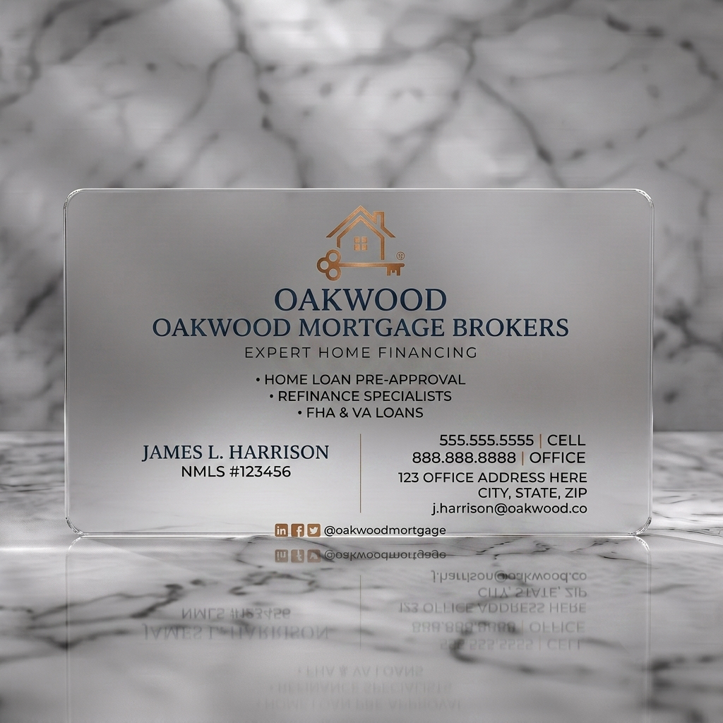 Frosted translucent plastic business card featuring a modern design with a house & key logo, navy blue text, and clean typography