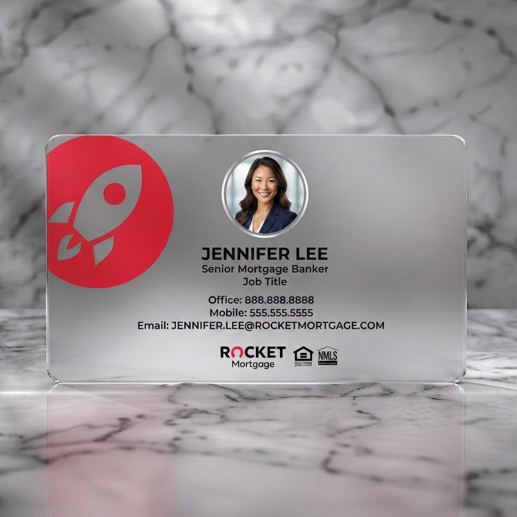 Frosted translucent plastic business card featuring modern design, rocket logo, professional photo, clean sans-serif typography, red and white branding