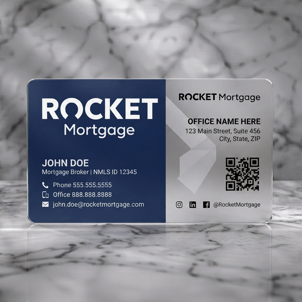 Frosted translucent plastic business card featuring modern two-tone navy and white design with clean sans-serif typography, rocket icon, and social icons