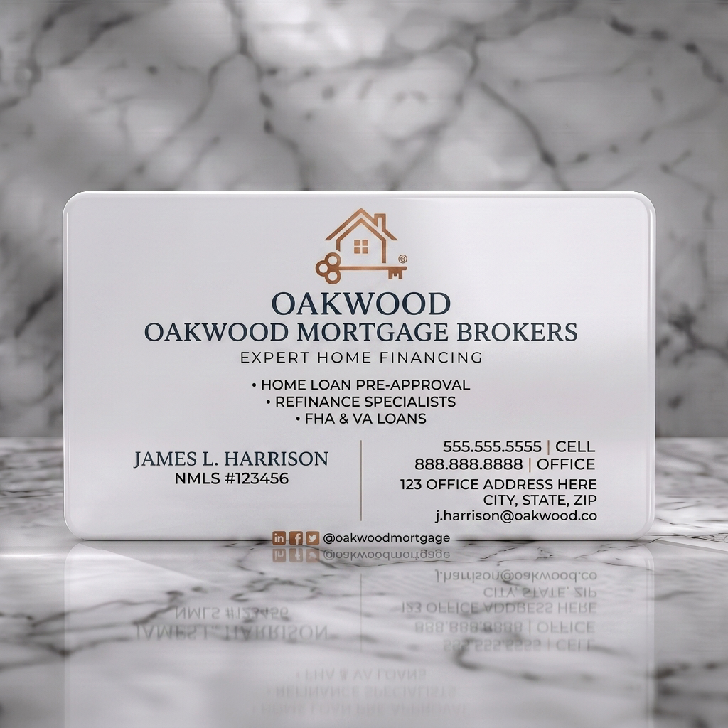 Solid white PVC business card featuring a modern design with a house & key logo, navy blue text, and clean typography
