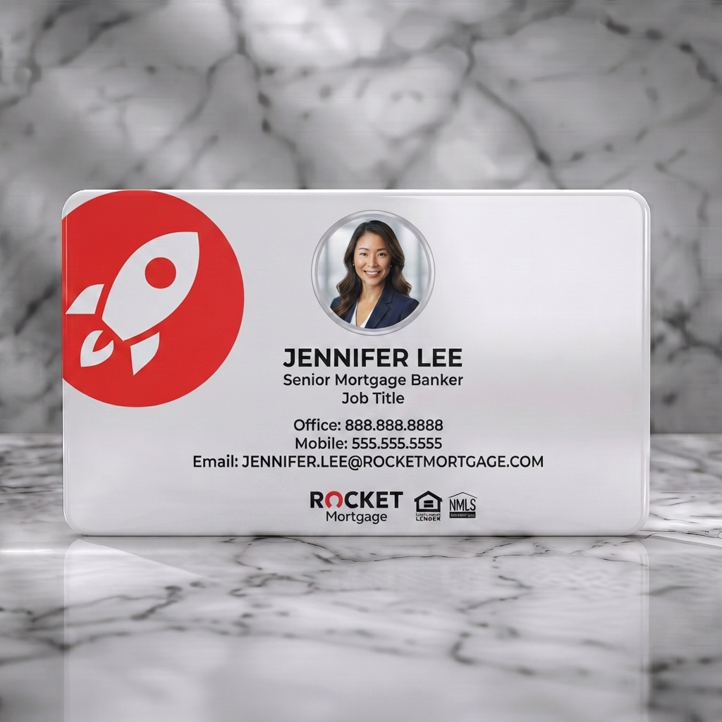 Solid white PVC business card featuring modern design, rocket logo, professional photo, clean sans-serif typography, red and white branding