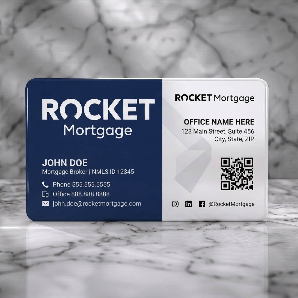 Solid white PVC business card featuring modern two-tone navy and white design with clean sans-serif typography, rocket icon, and social icons