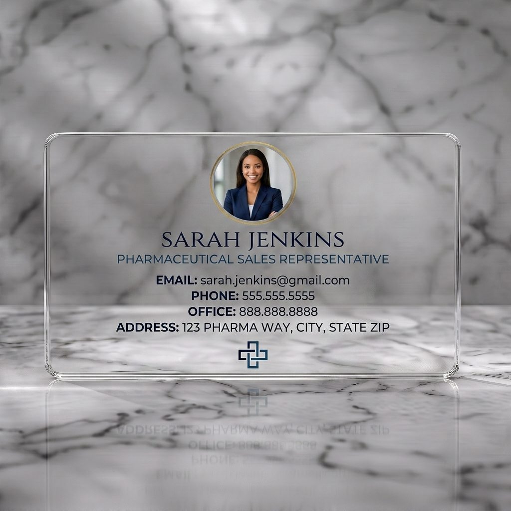Clear plastic business card featuring a professional design with headshot, elegant typography, medical cross icon, and blue tones