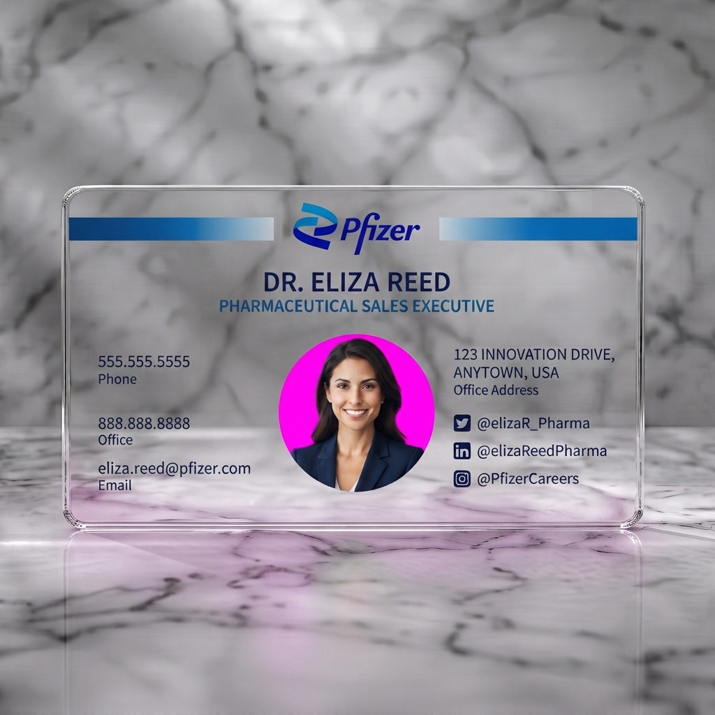 Clear plastic business card featuring modern, corporate design using Pfizer blue, sans-serif fonts, social icons, and a professional photo