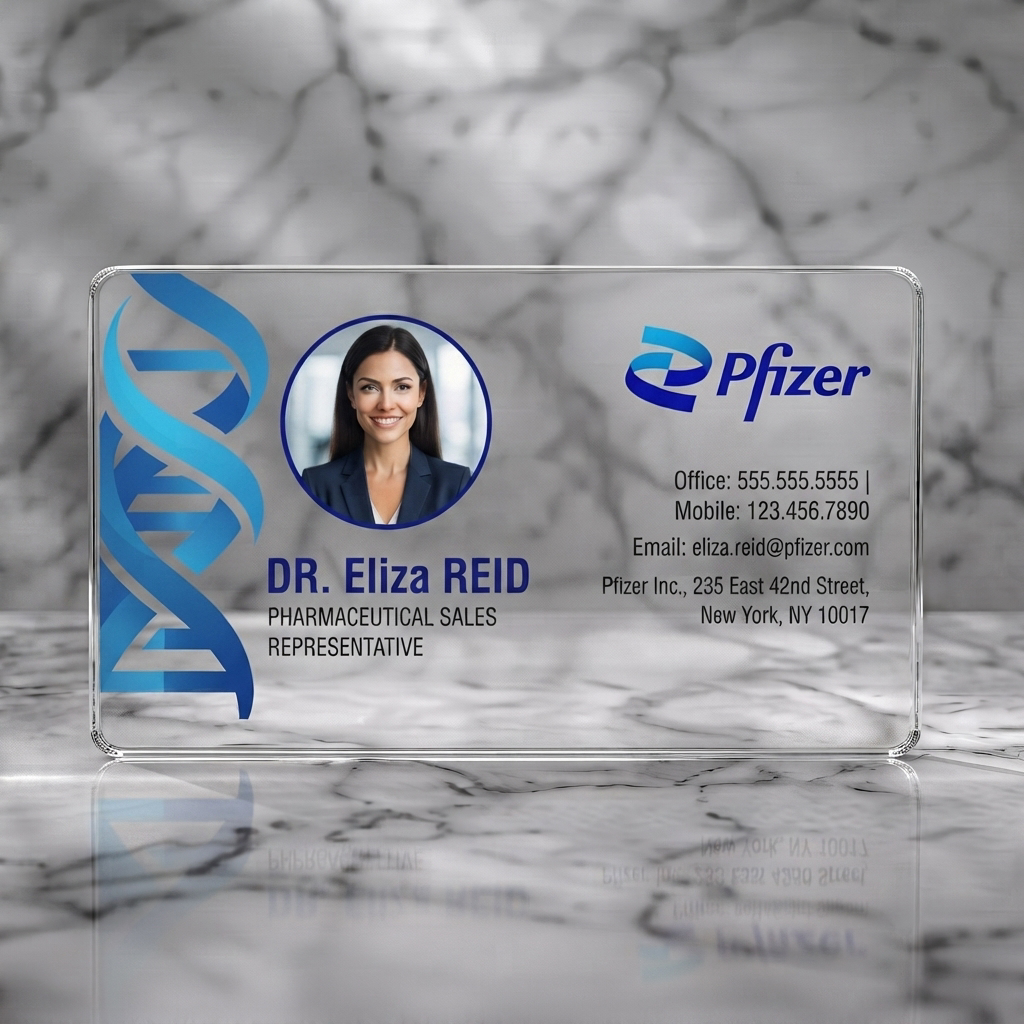 Clear plastic business card featuring modern, scientific design with blue DNA helix, Pfizer logo, circular profile photo, and sans-serif text