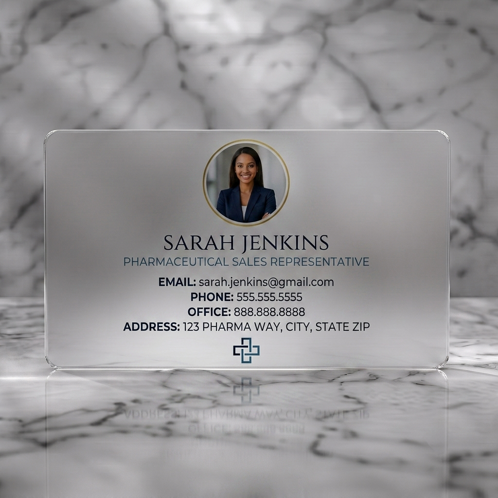 Frosted translucent plastic business card featuring a professional design with headshot, elegant typography, medical cross icon, and blue tones