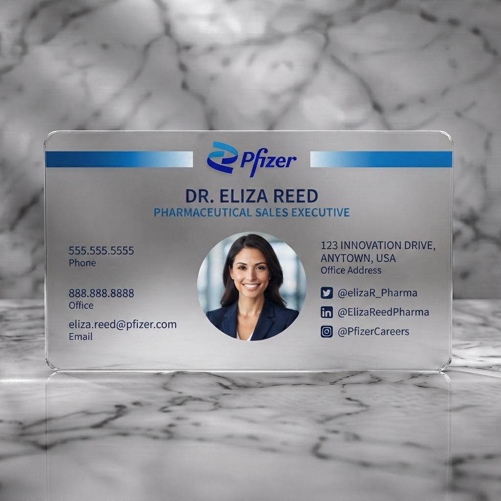 Frosted translucent plastic business card featuring modern, corporate design using Pfizer blue, sans-serif fonts, social icons, and a professional photo