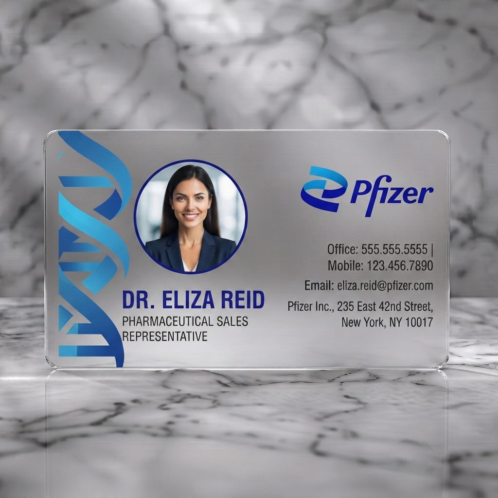 Frosted translucent plastic business card featuring modern, scientific design with blue DNA helix, Pfizer logo, circular profile photo, and sans-serif text