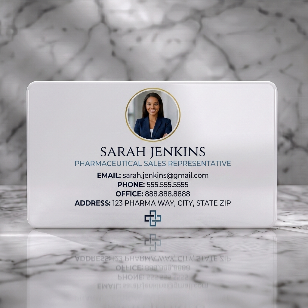 Solid white PVC business card featuring a professional design with headshot, elegant typography, medical cross icon, and blue tones