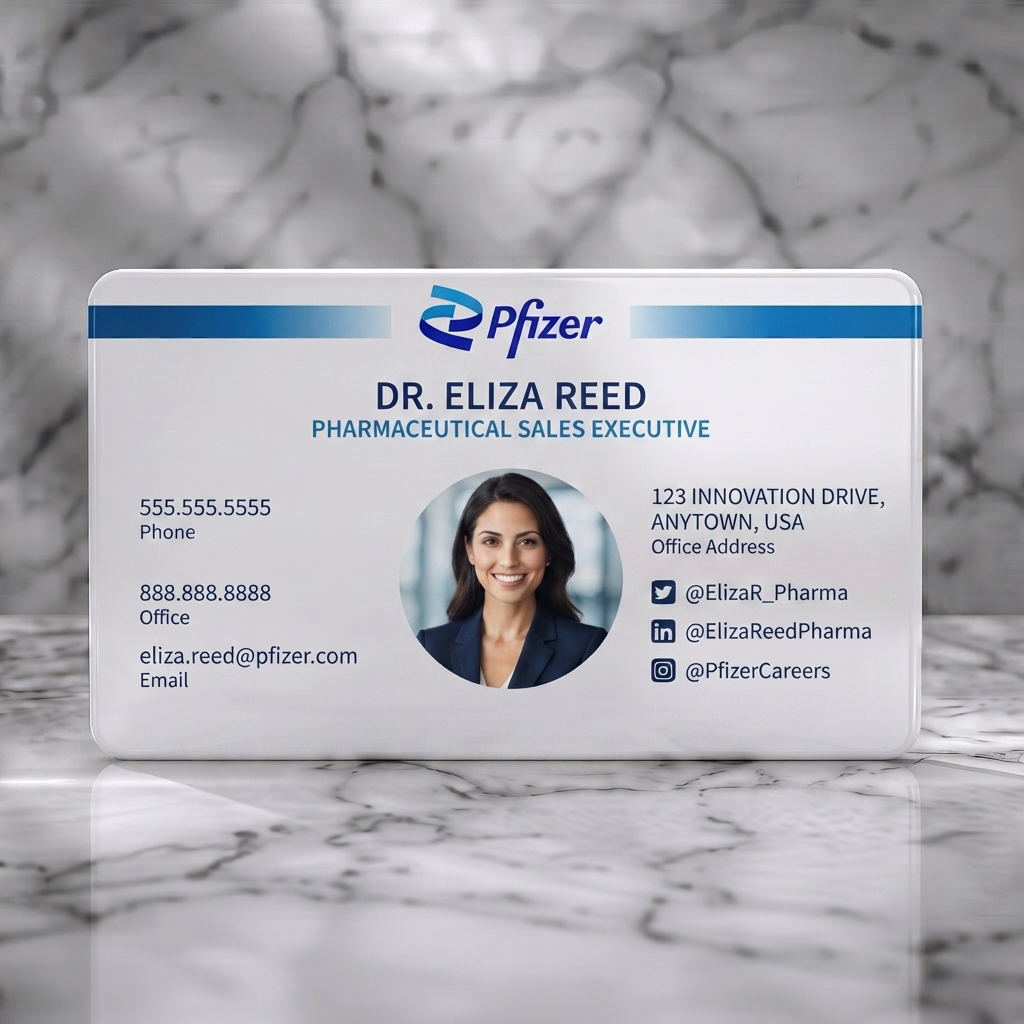 Solid white PVC business card featuring modern, corporate design using Pfizer blue, sans-serif fonts, social icons, and a professional photo