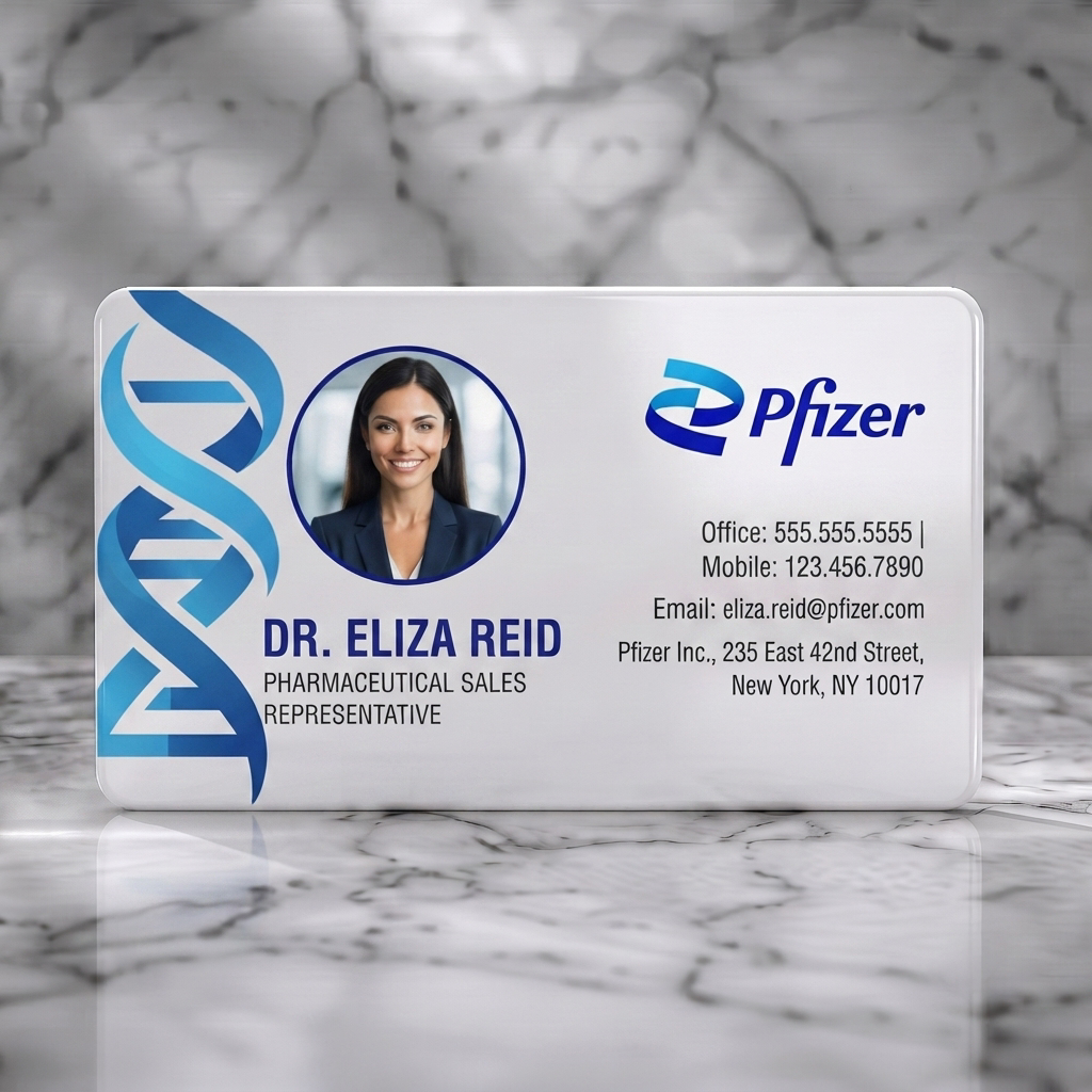 Solid white PVC business card featuring modern, scientific design with blue DNA helix, Pfizer logo, circular profile photo, and sans-serif text