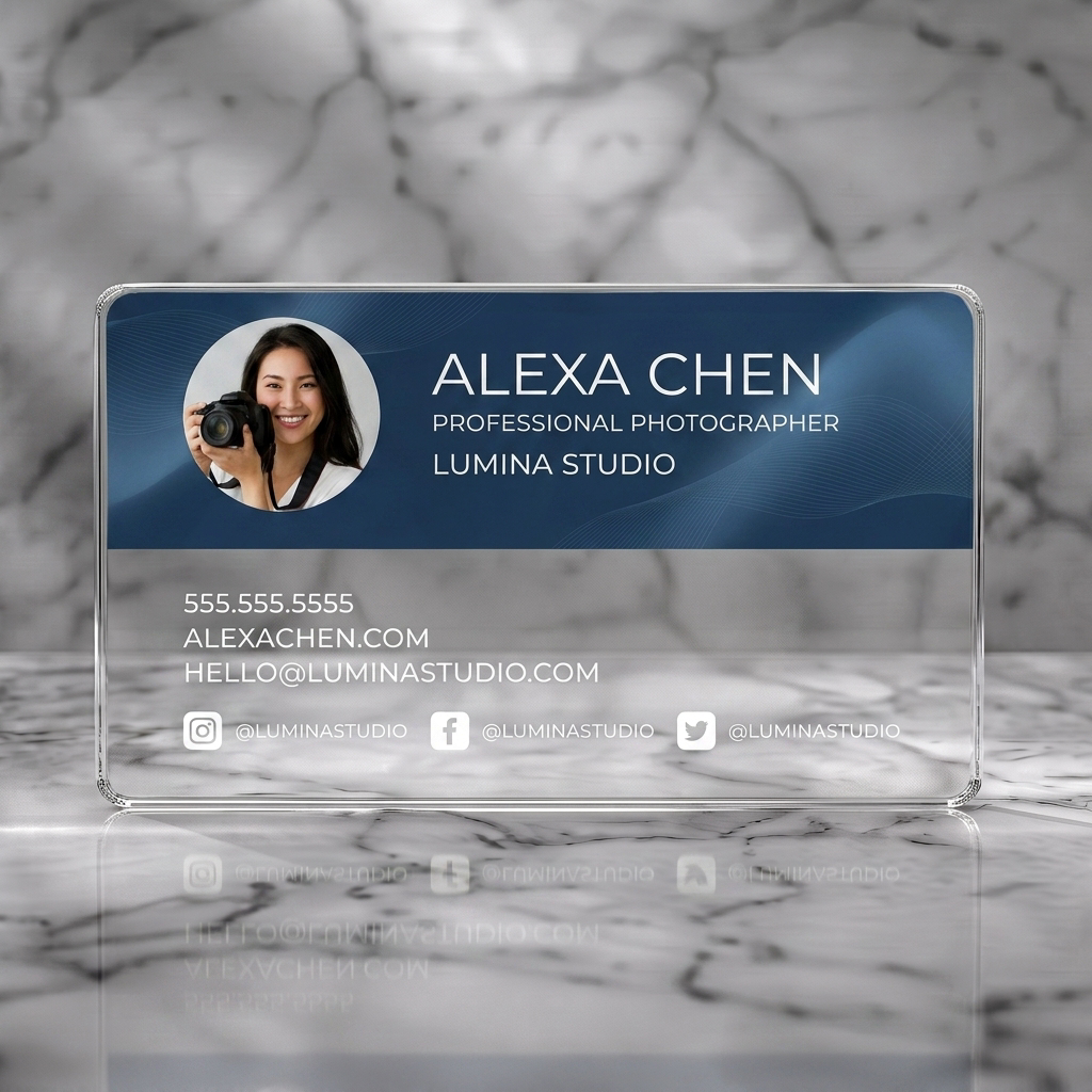Clear plastic business card featuring a dark blue background with subtle waves, circular photo, and white sans-serif text