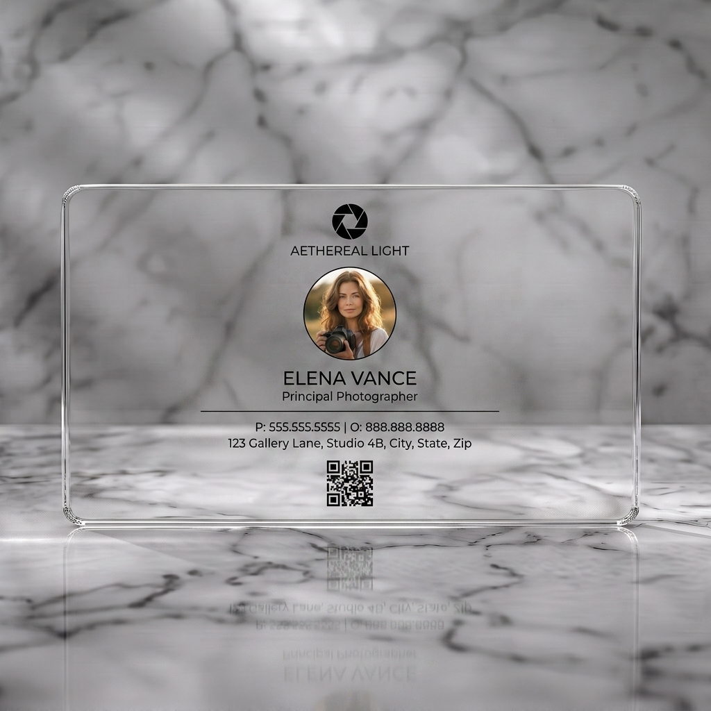 Clear plastic business card featuring modern, minimalist design with black text, a prominent circular portrait, aperture logo, and QR code