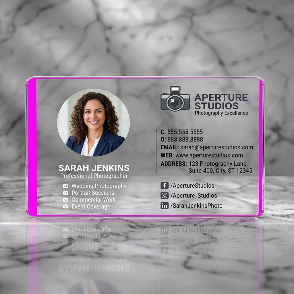 Clear plastic business card featuring a professional portrait, camera logo, white and dark grey typography, and social media icons