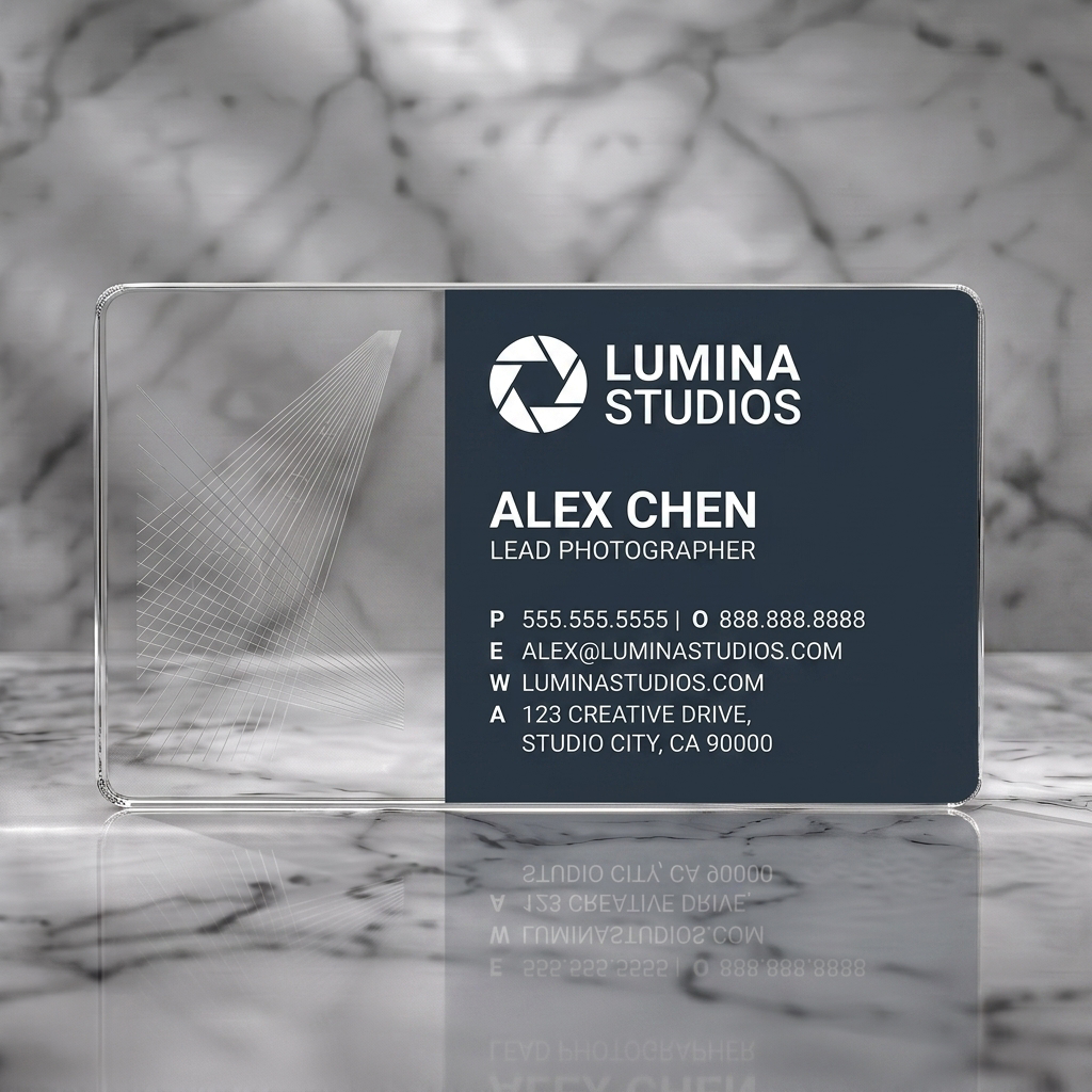 Clear plastic business card featuring a modern dark gray design with white text, a camera aperture logo, and abstract photography lines