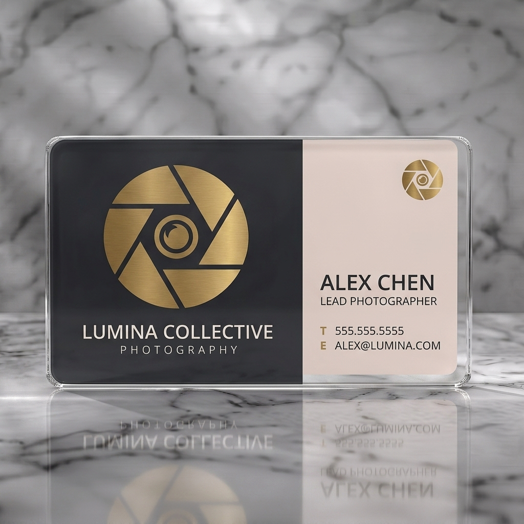 Clear plastic business card featuring a split-panel design with a gold camera aperture logo, charcoal and cream palette, and modern sans-serif typography