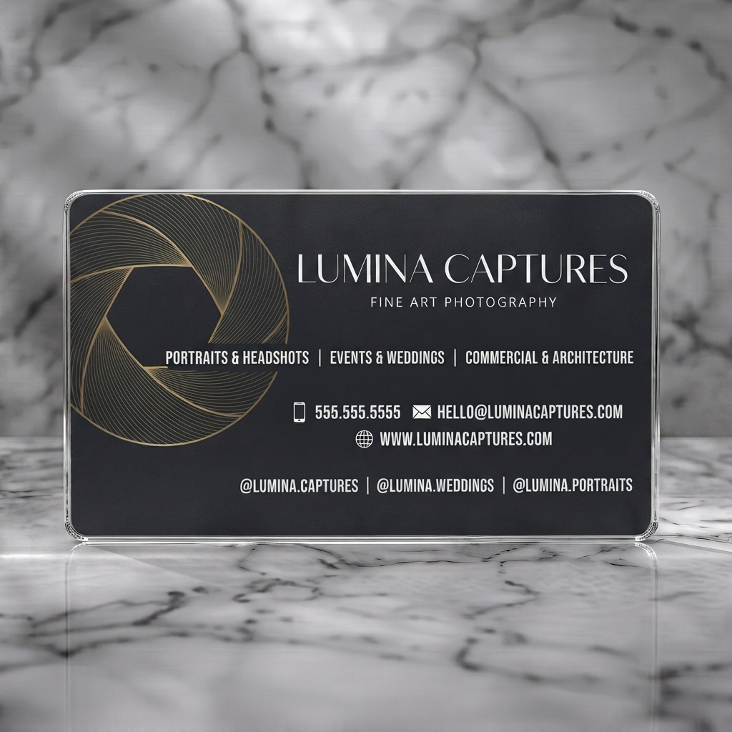 Clear plastic business card featuring a minimalist dark grey card with a golden aperture logo, clean white typography, and simple icons