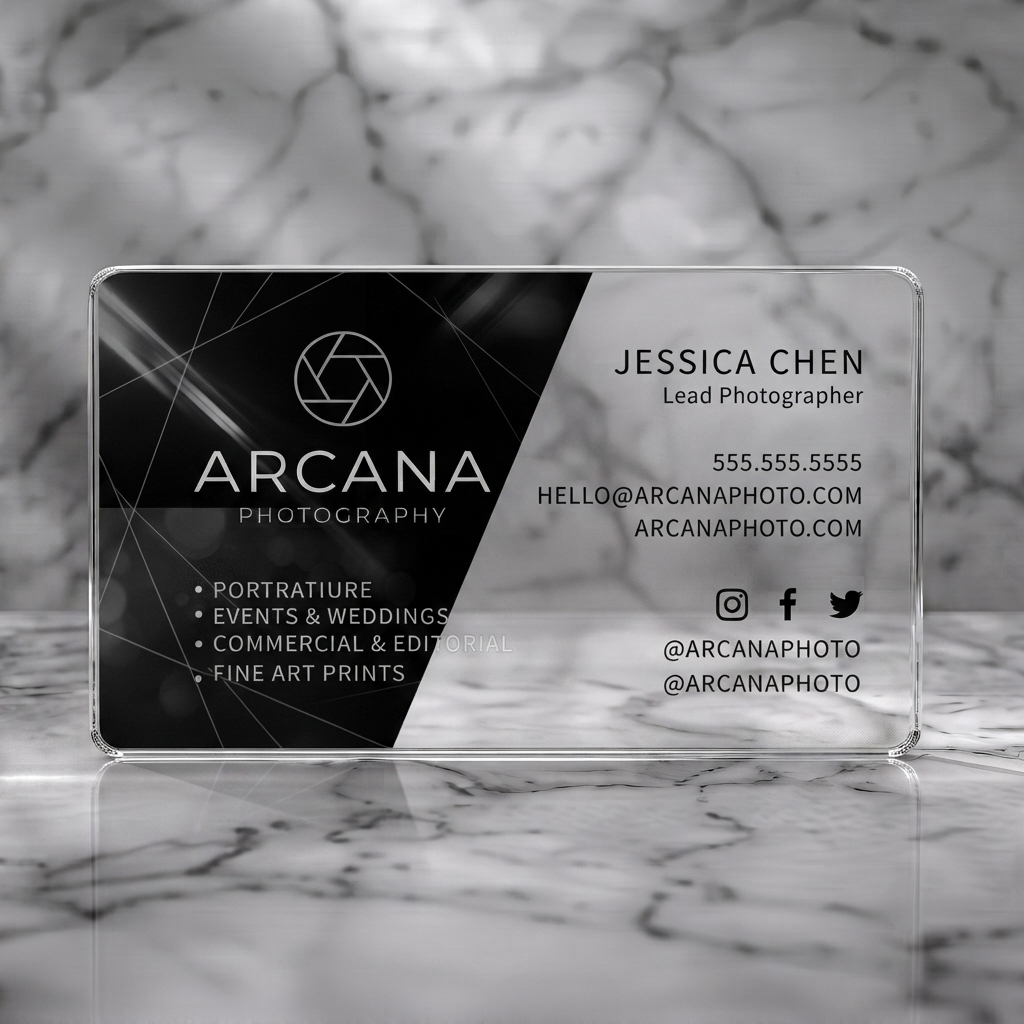 Clear plastic business card featuring a minimalist black and white design, camera aperture logo, modern sans-serif fonts, and social icons