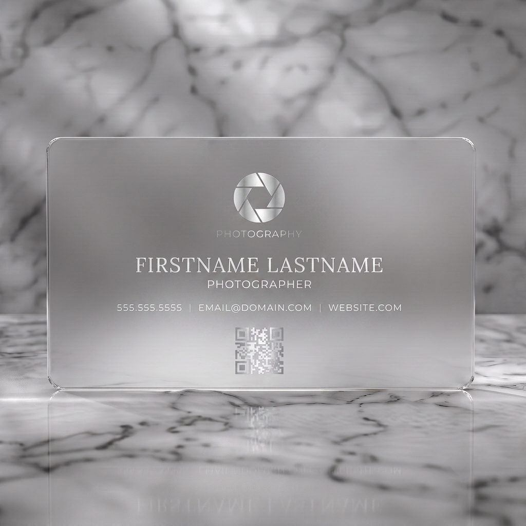 Frosted translucent plastic business card featuring clean, modern style with a silver aperture icon, white typography, and QR code