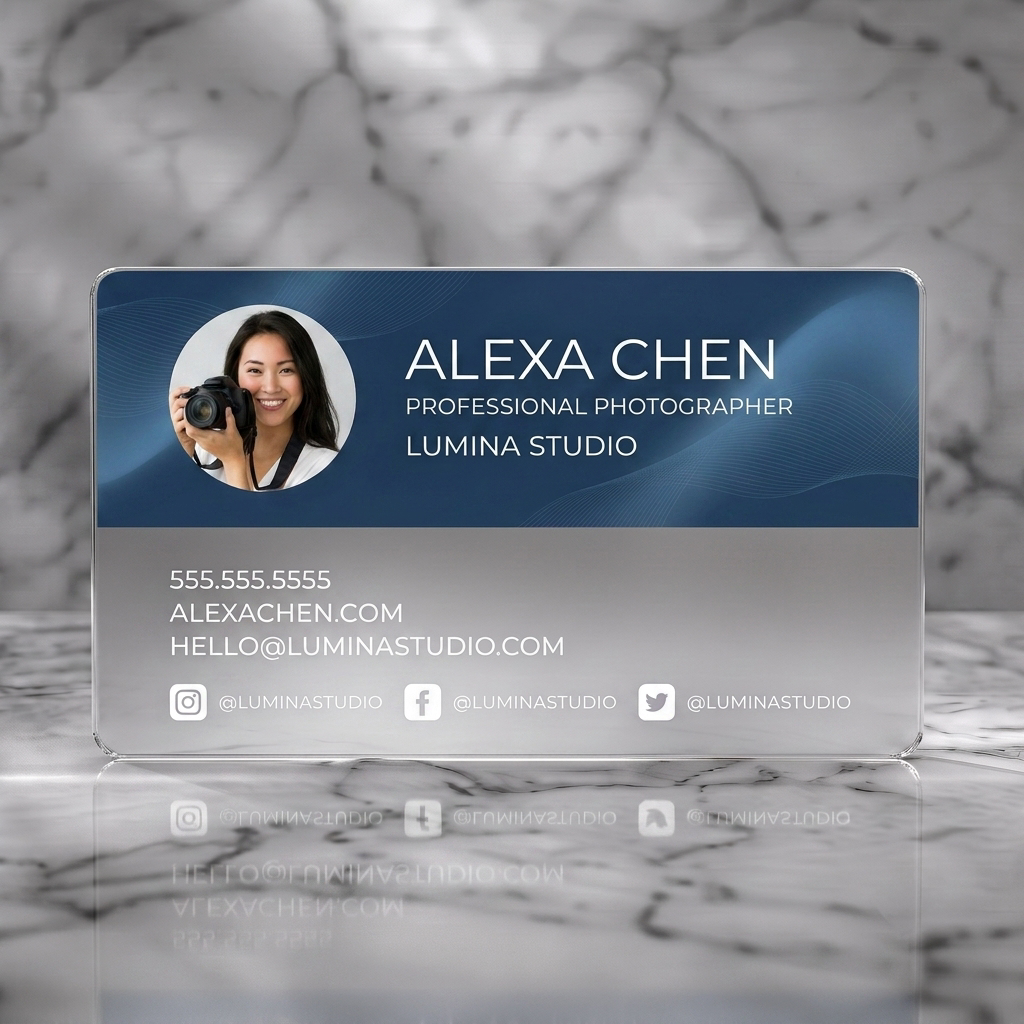 Frosted translucent plastic business card featuring a dark blue background with subtle waves, circular photo, and white sans-serif text