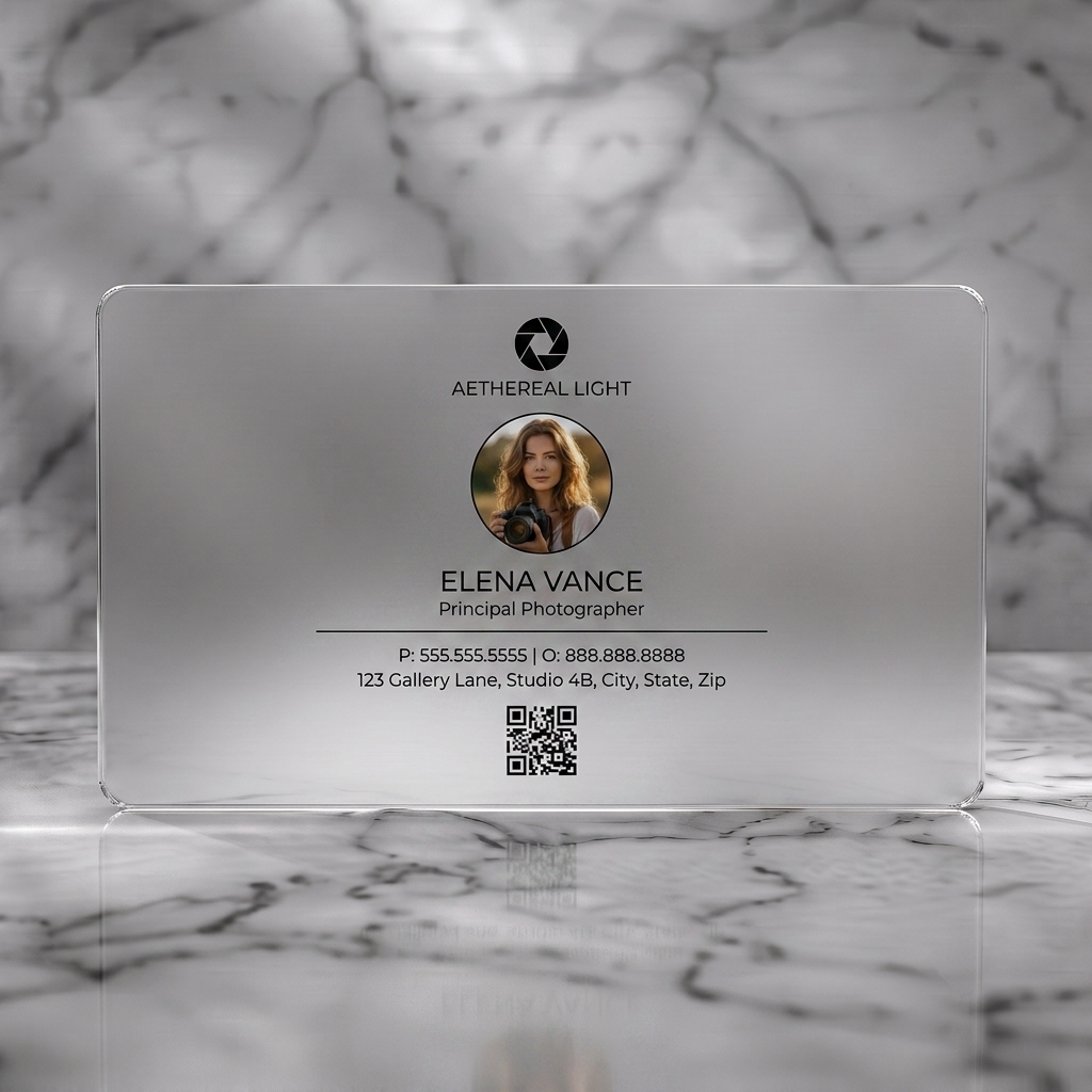 Frosted translucent plastic business card featuring modern, minimalist design with black text, a prominent circular portrait, aperture logo, and QR code
