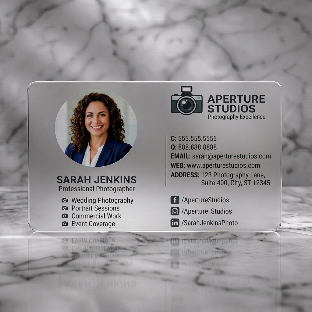 Frosted translucent plastic business card featuring a professional portrait, camera logo, white and dark grey typography, and social media icons