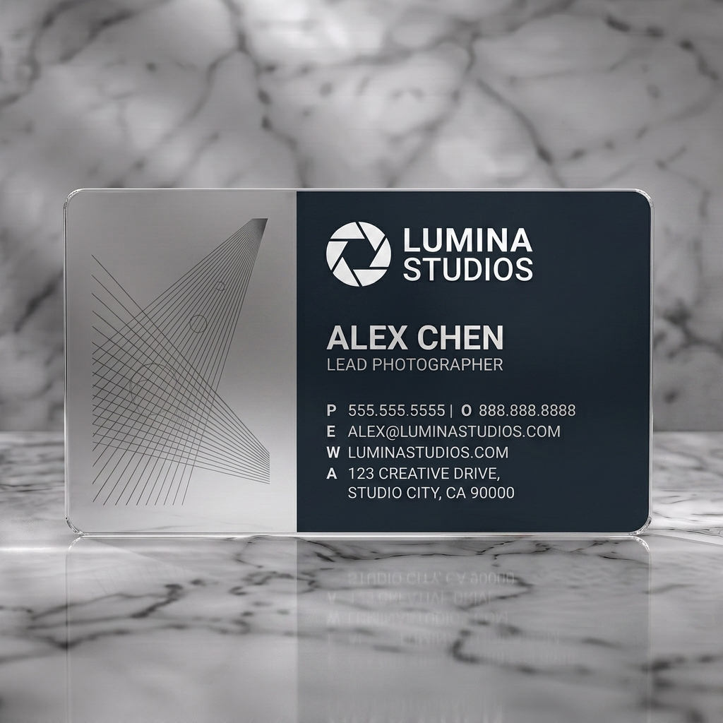 Frosted translucent plastic business card featuring a modern dark gray design with white text, a camera aperture logo, and abstract photography lines
